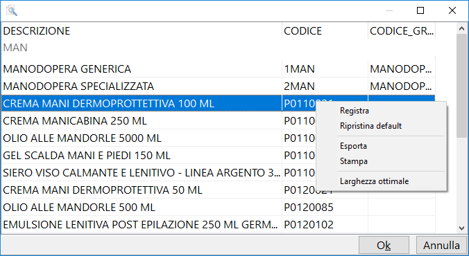 Finestra di ricerca "menù contestuale"