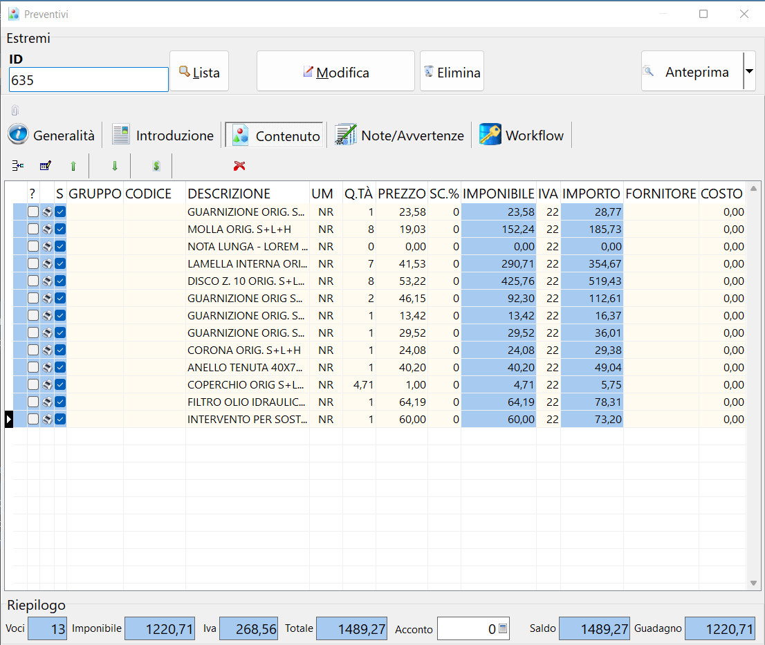 Preventivi - Contenuto