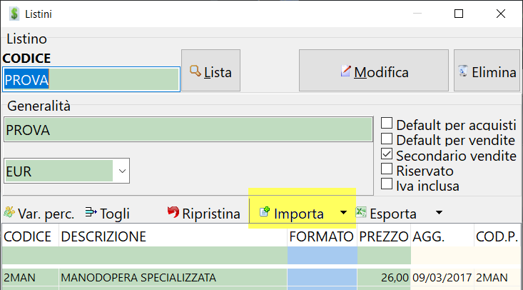 Tasto importazione listino CSV